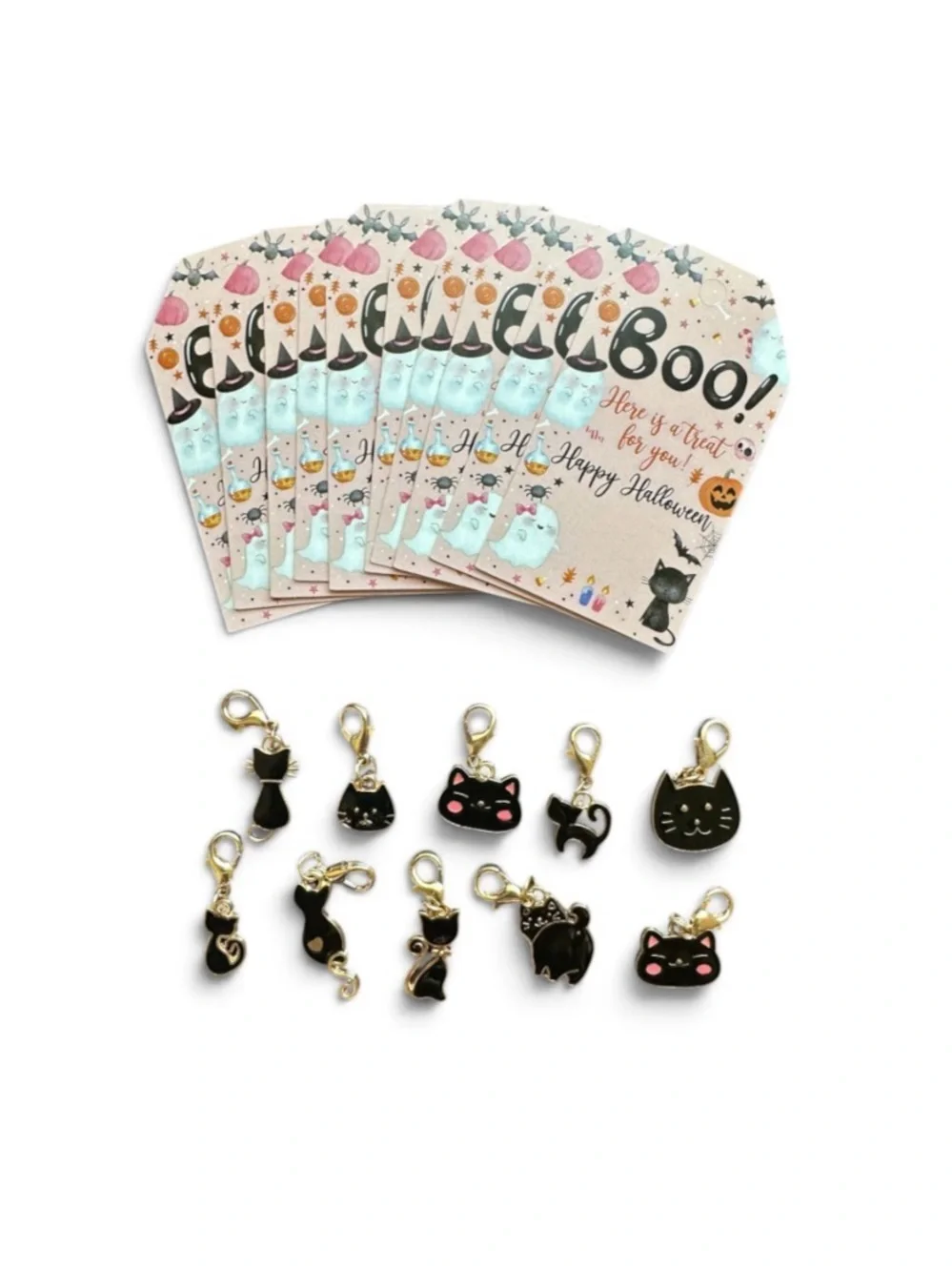 Halloween Black Cat Charm with Greeting Card - Set of 10